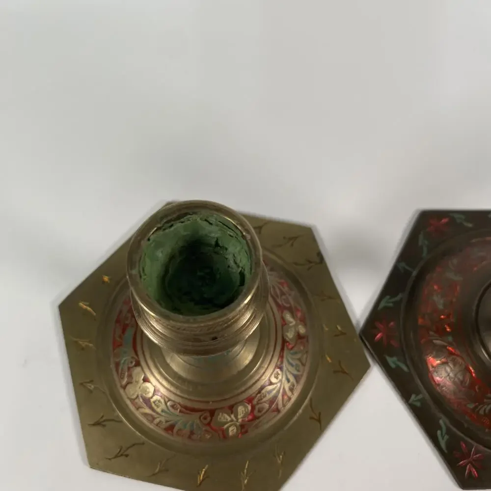 Vintage Indian Enamel Metal Candlestick Pair Hexagon Multicolor Tabletop Decor